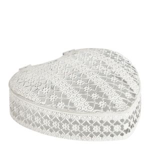 BOITE A BIJOUX COEUR EN METAL FINITION BLANCHIE 18.5 X 18.5 X 6 CM