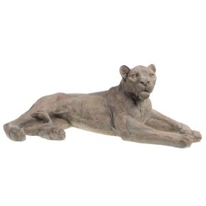 STATUE LIONNE COUCHEE EN RESINE GRIS PIERRE 110 X 55 X 40 CM