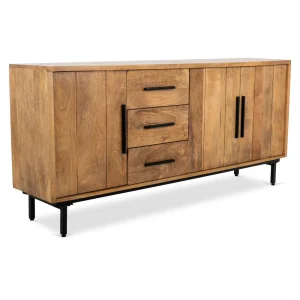 MEUBLE BAS JAYDEN MANGUIER ET METAL NOIR 3 PORTES 3 TIROIRS 180 X 80 X 40 CM