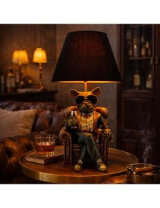 LAMPE SCULPTURE CHIEN MAFIA EN RESINE ABAT-JOUR CONIQUE NOIR 27.5 X 46 X 27.5 CM