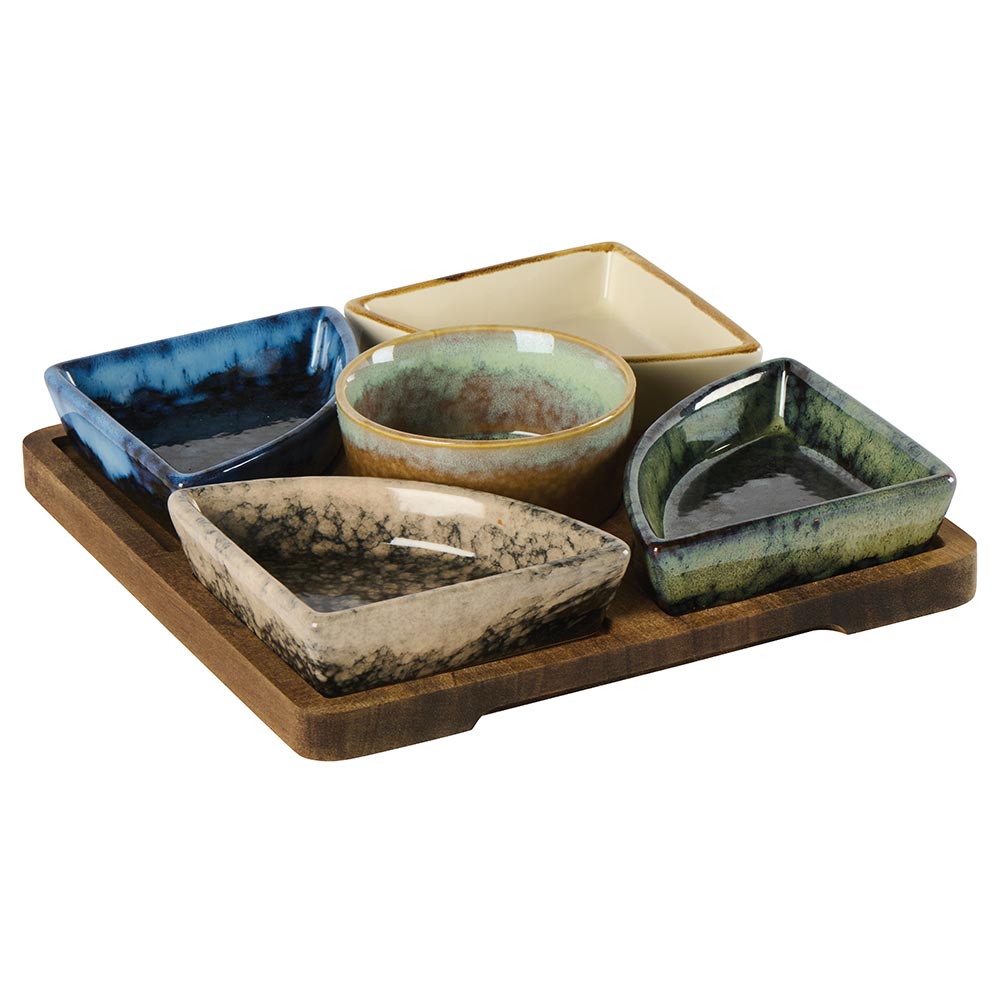 SET 5 RAMEQUINS TRIANGULAIRE MULTICOLORE SUR SUPPORT BOIS 22 X 5.5 X 22 CM - Photo N°1