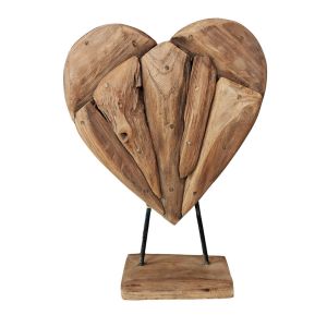 OBJET DECORATIF COEUR EN TECK RECYCLE SUR PIED 30 X 50 X 10 CM