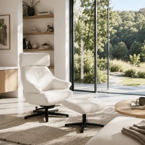FAUTEUIL  et  POUF RELAXATION TISSU BLANC CREME  PIED NOIR H 109 X L 85 X P 82.5 CM
