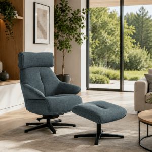 FAUTEUIL ET POUF RELAXATION TISSU BLEU  PIEDS NOIR H 109 X L 85 X P 82.5 CM