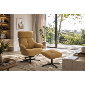 FAUTEUIL ET POUF RELAXATION TISSU MOUTARDE PIEDS NOIR H 109 X L 85 X P 82.5 CM