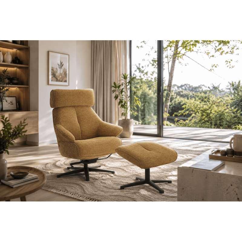FAUTEUIL ET POUF RELAXATION TISSU MOUTARDE PIEDS NOIR H 109 X L 85 X P 82.5 CM - Photo N°1