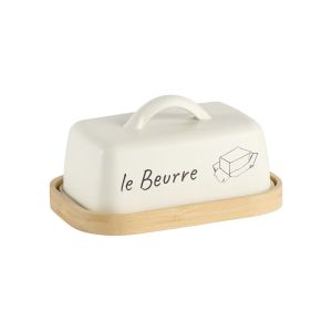 BEURRIER LE BEURRE COUVERCLE ACIER BLANC ET BAS EN BAMBOU 16 X 8 X 11 CM